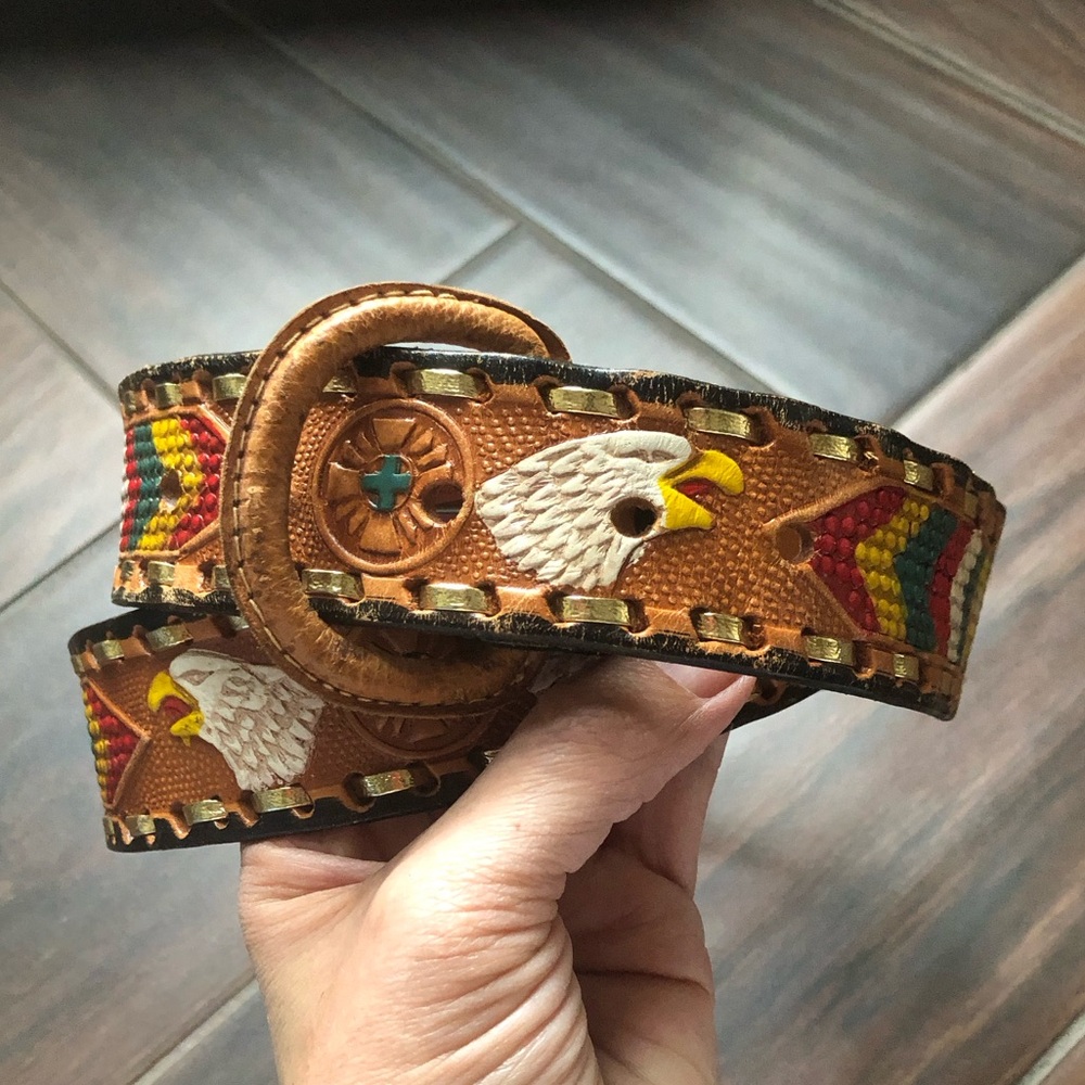 Vintage Artisan Leather Eagle Belt, Hand Stamped, Hand Painted, Boho, SZ 38